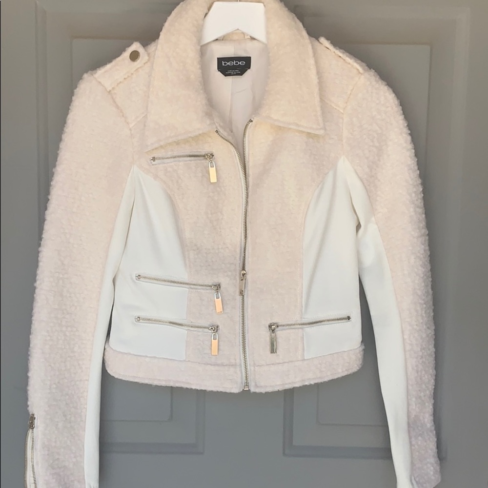 BEBE Wool Teddy Shearling Cream Moto Jacket - Picture 3 of 9